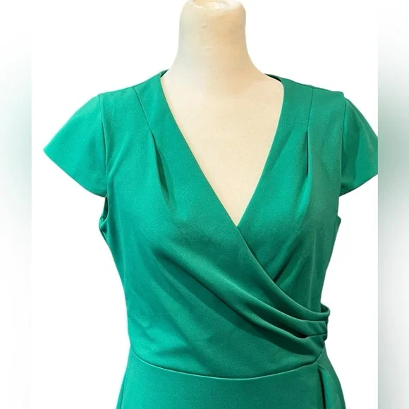 NWT London Times Cap Sleeve V-neck Green w/Ruffle Faux Wrap Skirt Dress- 6 - Picture 7 of 10